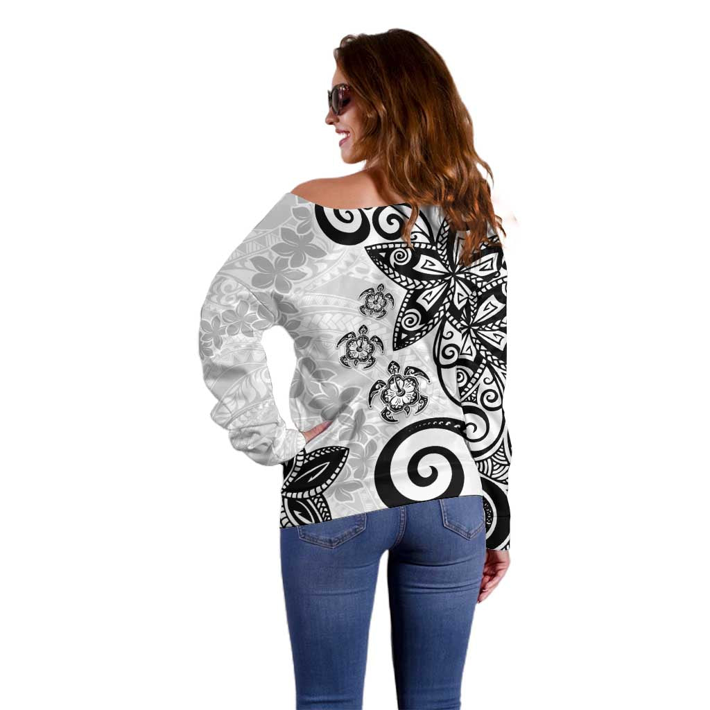 Polynesia Off Shoulder Sweater White Tribal Turtle Floral Pattern LT05 - Polynesian Pride