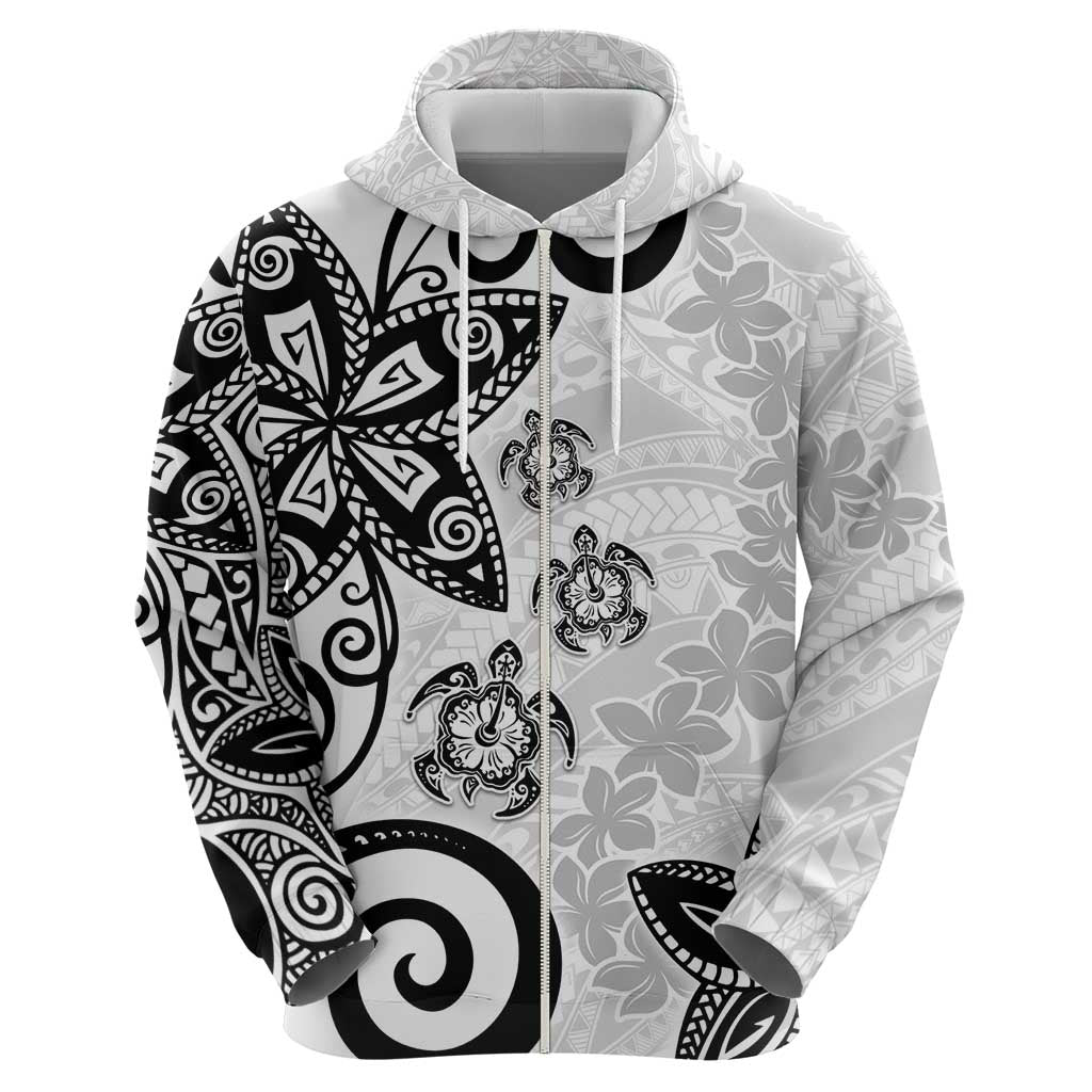 Polynesia Zip Hoodie White Tribal Turtle Floral Pattern LT05 - Polynesian Pride