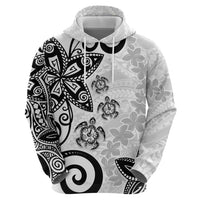 Polynesia Zip Hoodie White Tribal Turtle Floral Pattern LT05 - Polynesian Pride