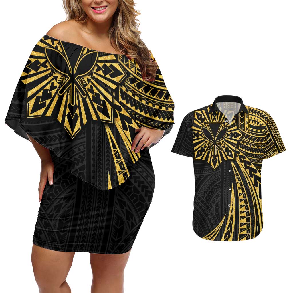 Hawaii And Philippines Couples Matching Off Shoulder Short Dress and Hawaiian Shirt Kanaka Maoli With Tribal Sun Together Gold