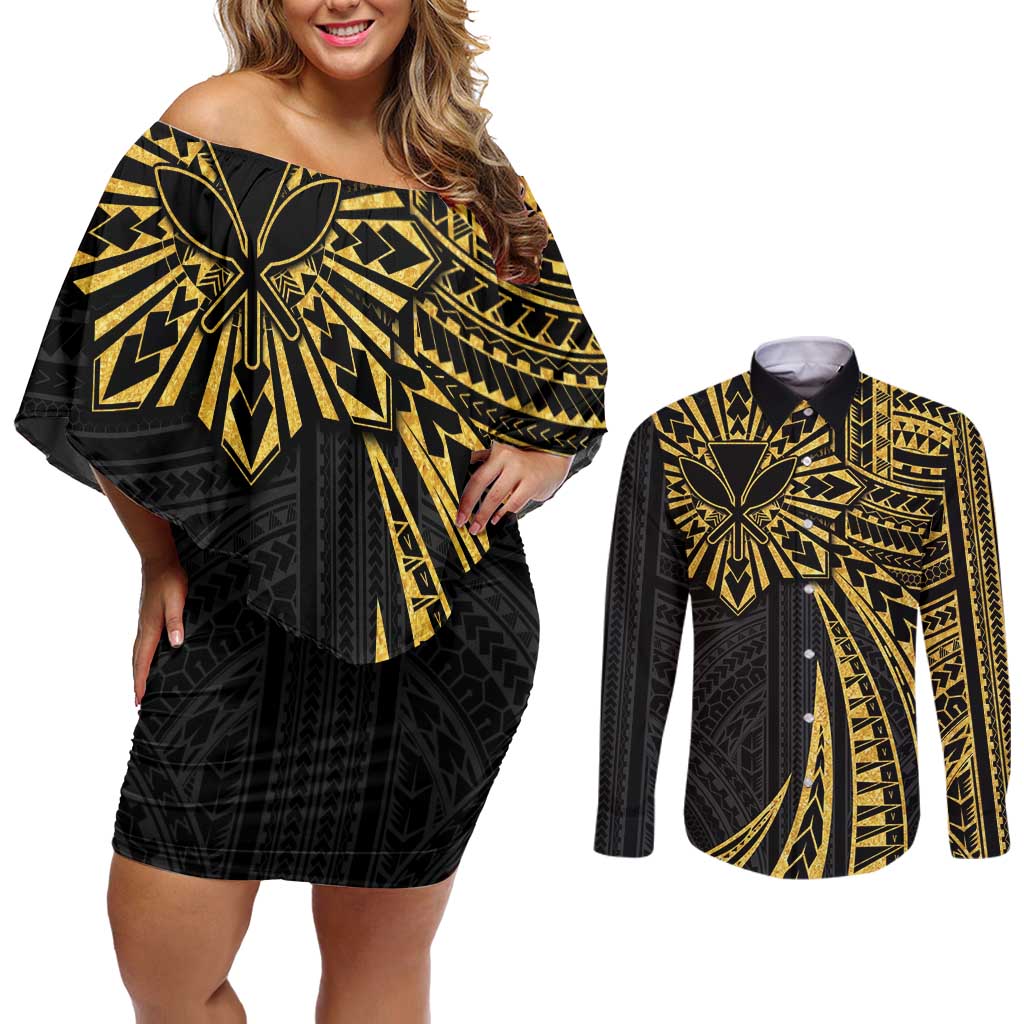 Hawaii And Philippines Couples Matching Off Shoulder Short Dress and Long Sleeve Button Shirt Kanaka Maoli With Tribal Sun Together Gold