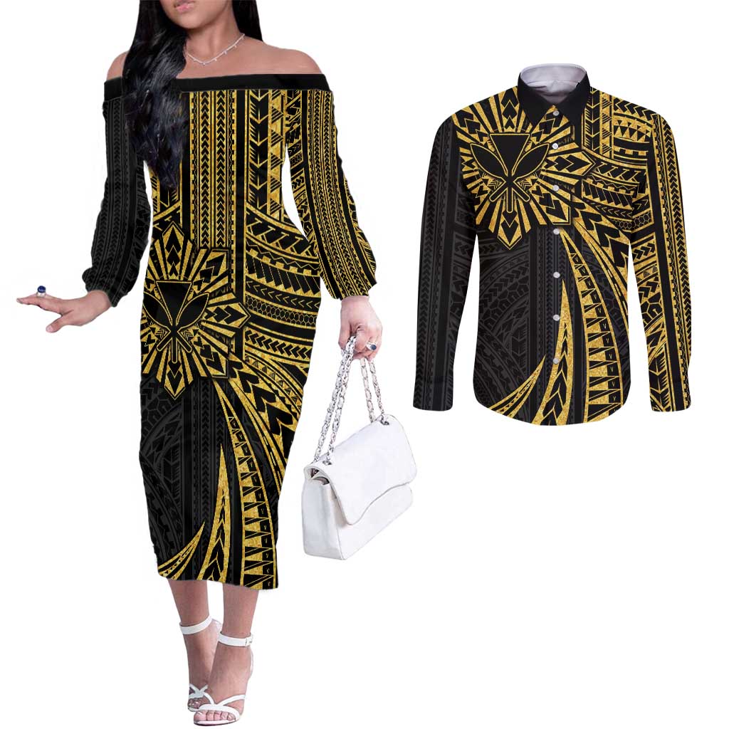 Hawaii And Philippines Couples Matching Off The Shoulder Long Sleeve Dress and Long Sleeve Button Shirt Kanaka Maoli With Tribal Sun Together Gold