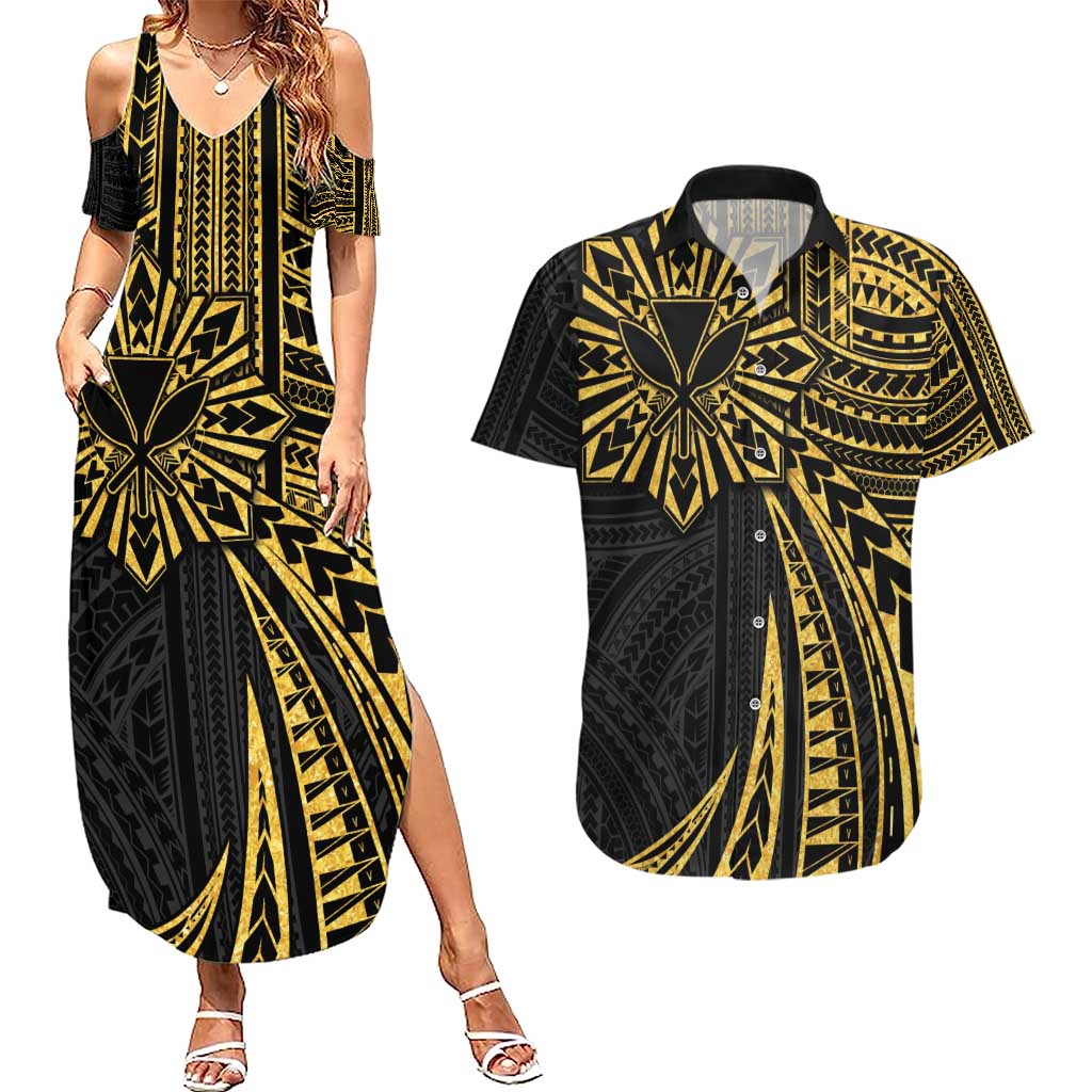 Hawaii And Philippines Couples Matching Summer Maxi Dress and Hawaiian Shirt Kanaka Maoli With Tribal Sun Together Gold