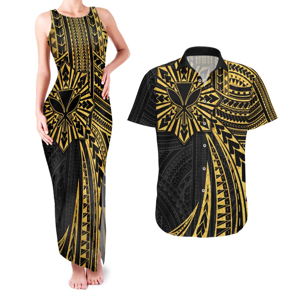 Hawaii And Philippines Couples Matching Tank Maxi Dress and Hawaiian Shirt Kanaka Maoli With Tribal Sun Together Gold