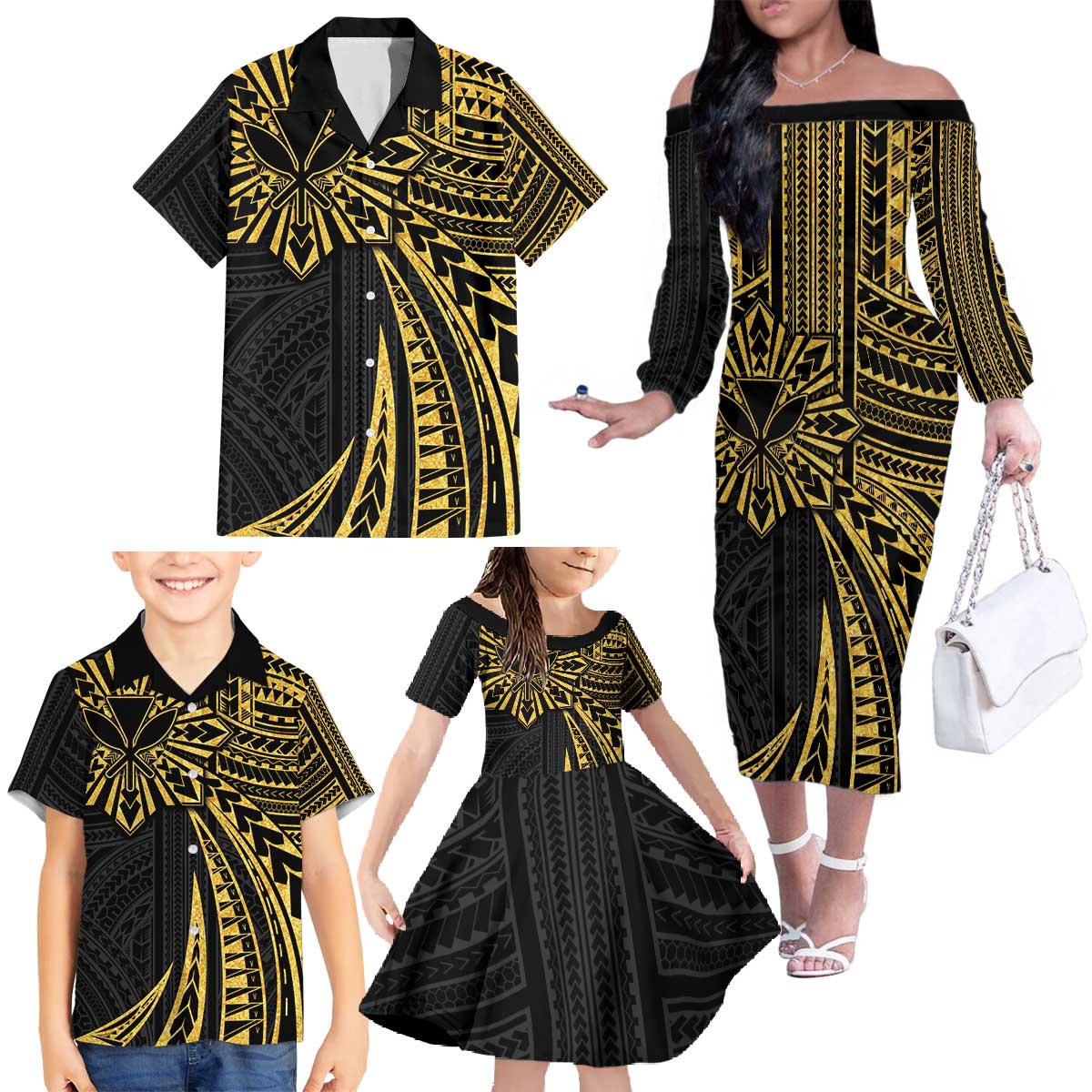 Hawaii And Philippines Family Matching Off The Shoulder Long Sleeve Dress and Hawaiian Shirt Kanaka Maoli With Tribal Sun Together Gold