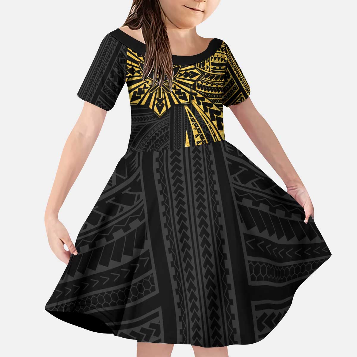 Hawaii And Philippines Kid Short Sleeve Dress Kanaka Maoli With Tribal Sun Together Gold LT05 KID Gold - Polynesian Pride