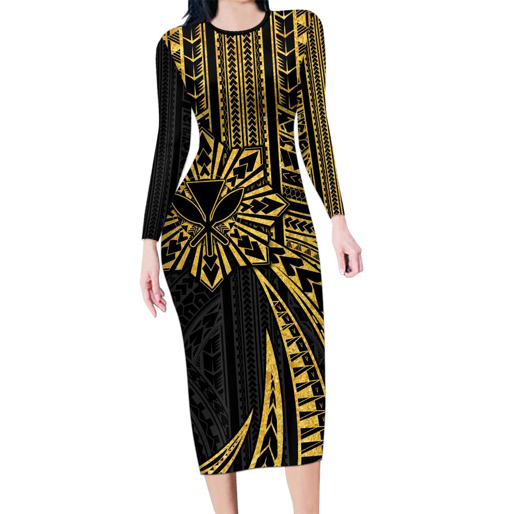 Hawaii And Philippines Long Sleeve Bodycon Dress Kanaka Maoli With Tribal Sun Together Gold LT05 Long Dress Gold - Polynesian Pride