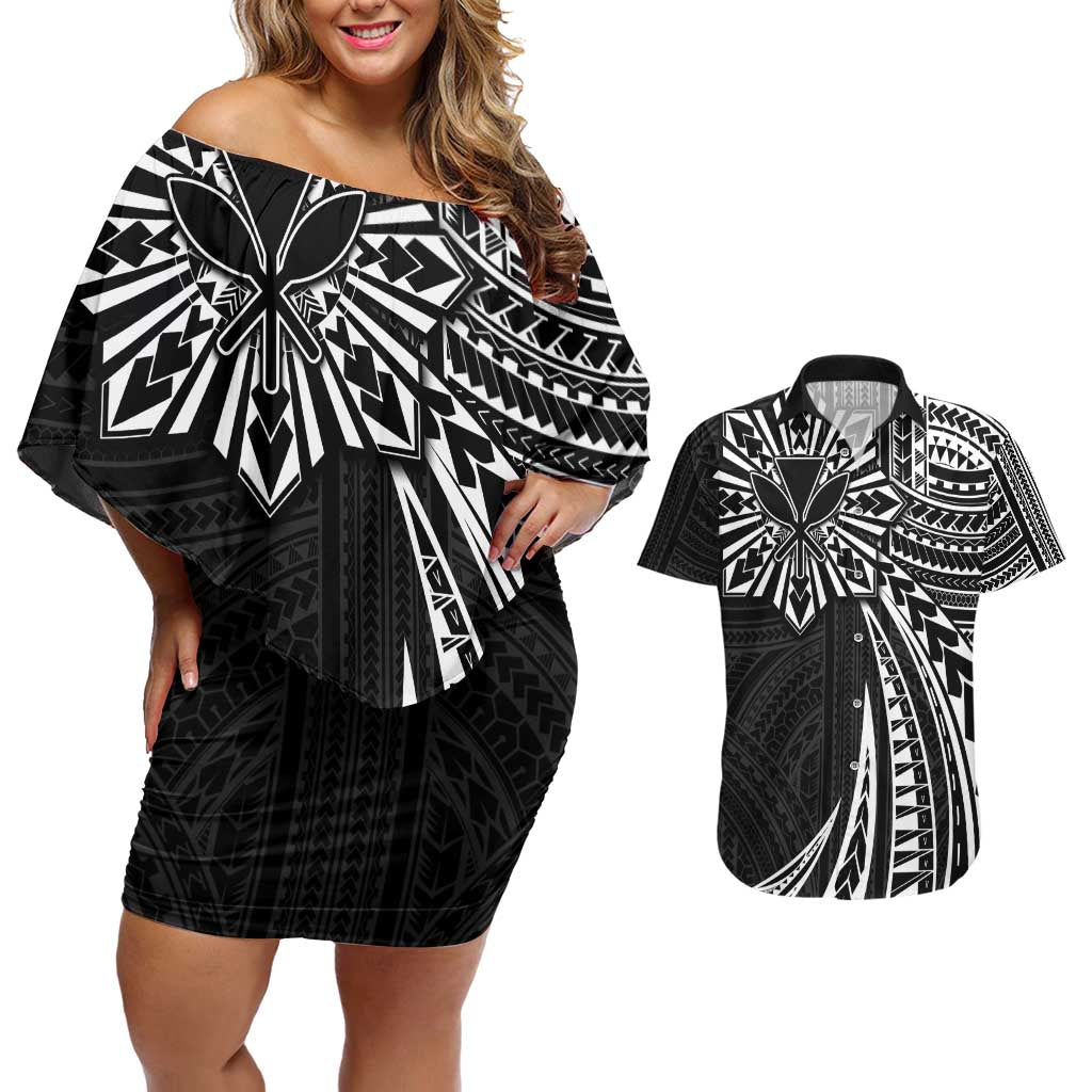 Hawaii And Philippines Couples Matching Off Shoulder Short Dress and Hawaiian Shirt Kanaka Maoli With Tribal Sun Together Black