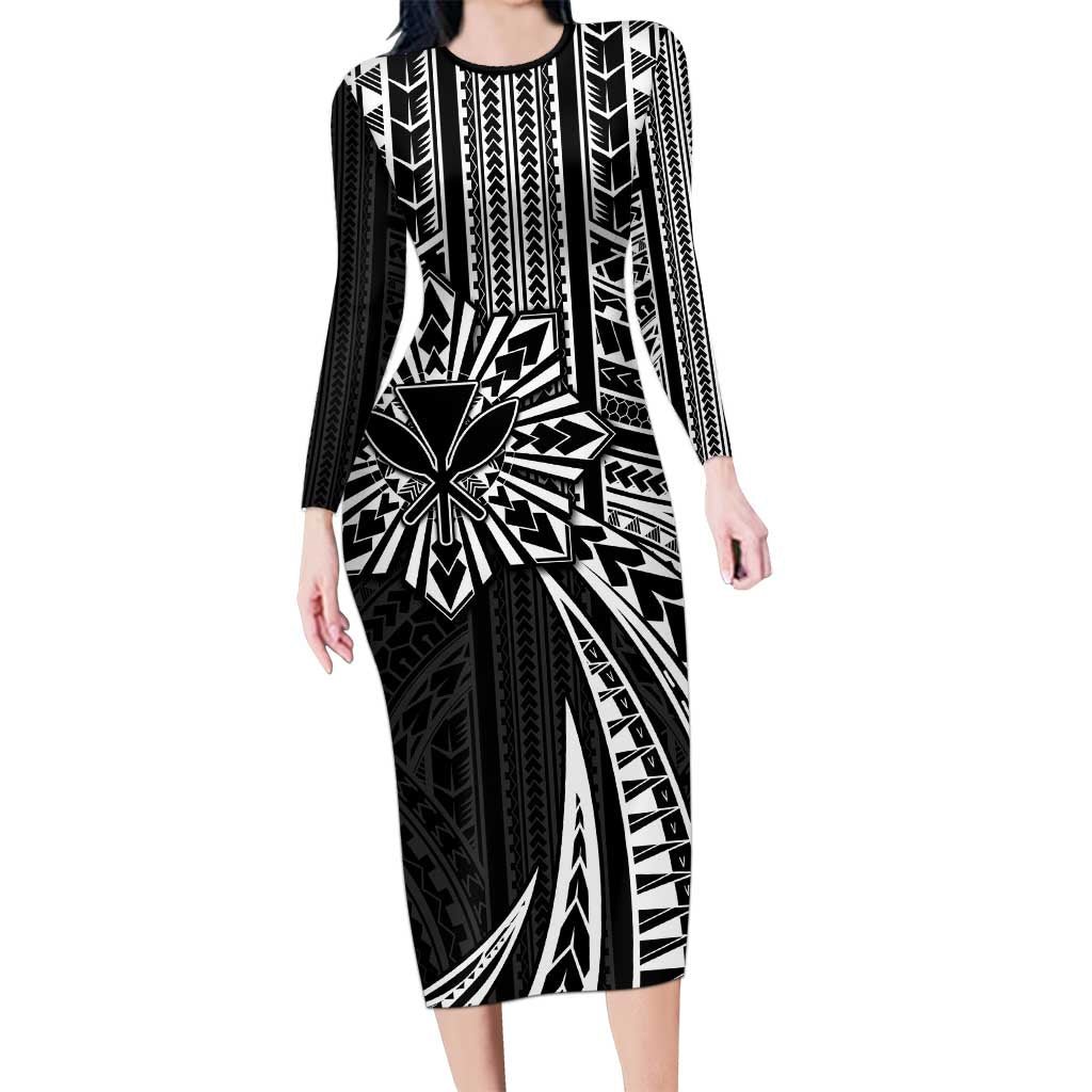 Hawaii And Philippines Long Sleeve Bodycon Dress Kanaka Maoli With Tribal Sun Together Black LT05 Long Dress Black - Polynesian Pride