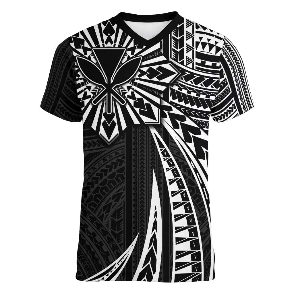 Hawaii And Philippines Women V-Neck T-Shirt Kanaka Maoli With Tribal Sun Together Black