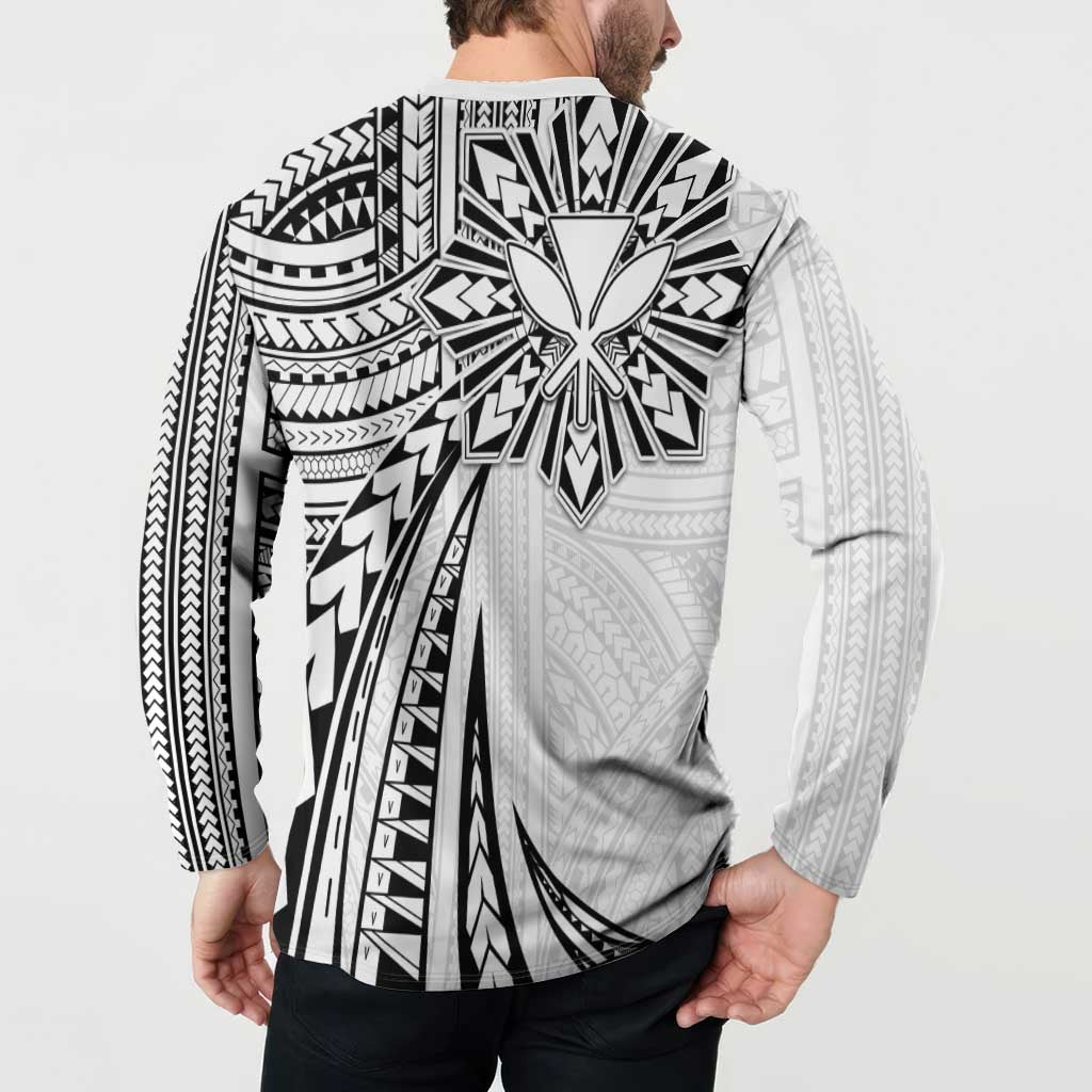 Hawaii And Philippines Button Sweatshirt Kanaka Maoli With Tribal Sun Together White LT05 - Polynesian Pride