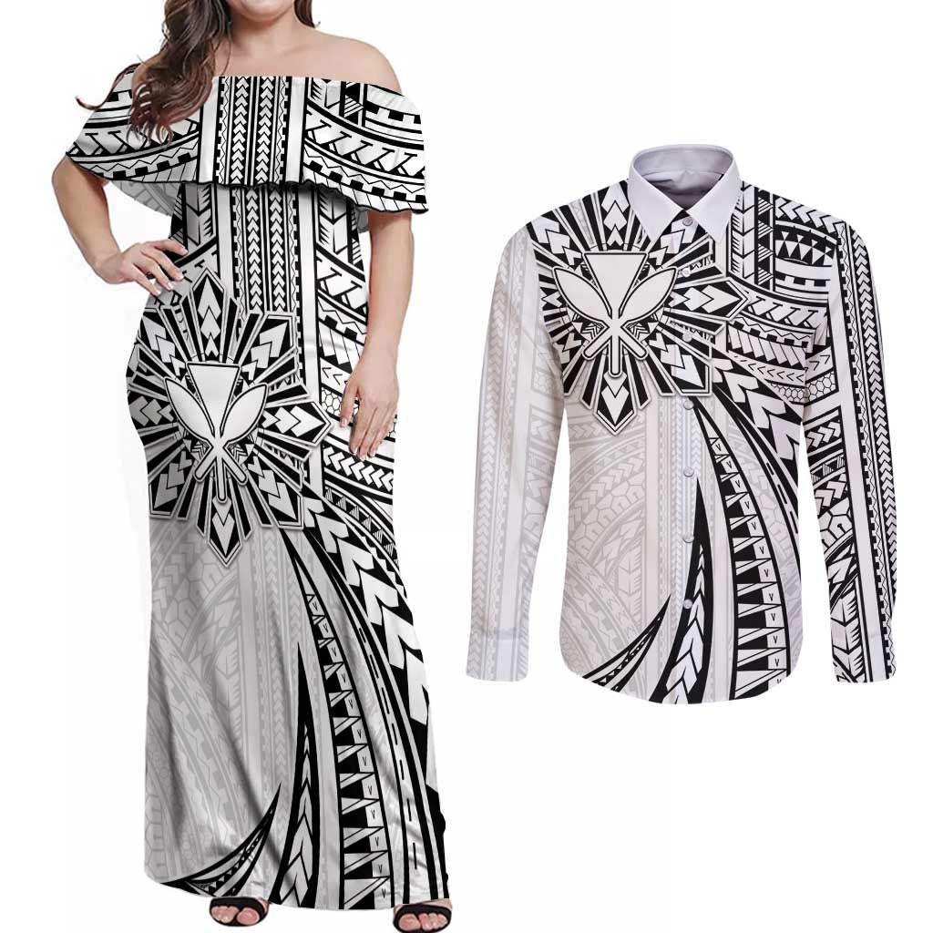 Hawaii And Philippines Couples Matching Off Shoulder Maxi Dress and Long Sleeve Button Shirt Kanaka Maoli With Tribal Sun Together White