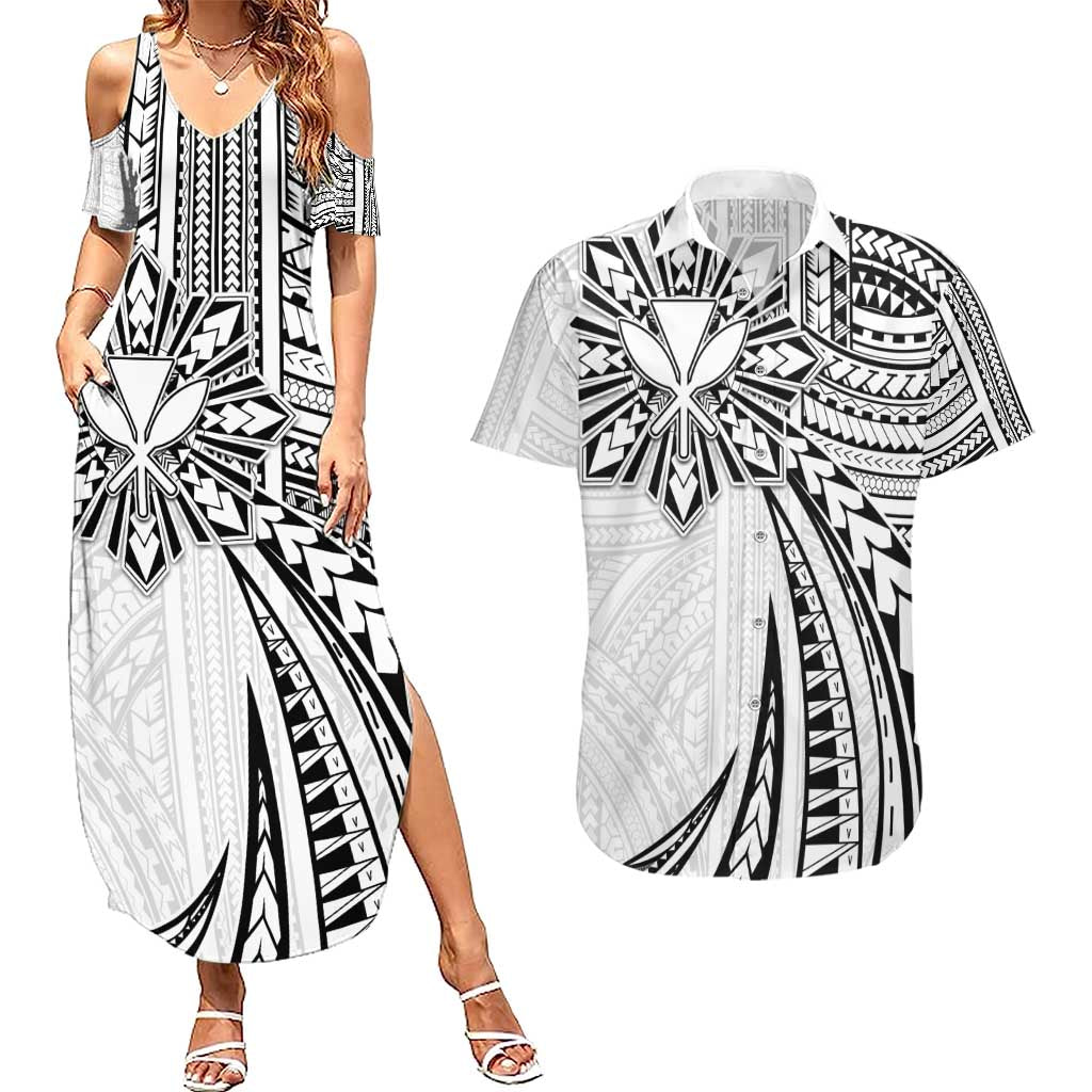 Hawaii And Philippines Couples Matching Summer Maxi Dress and Hawaiian Shirt Kanaka Maoli With Tribal Sun Together White