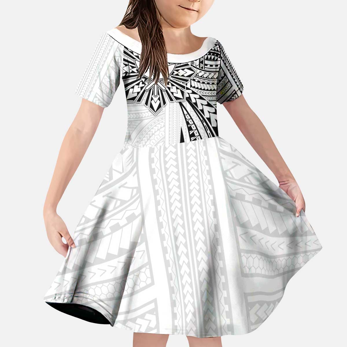 Hawaii And Philippines Kid Short Sleeve Dress Kanaka Maoli With Tribal Sun Together White LT05 KID White - Polynesian Pride