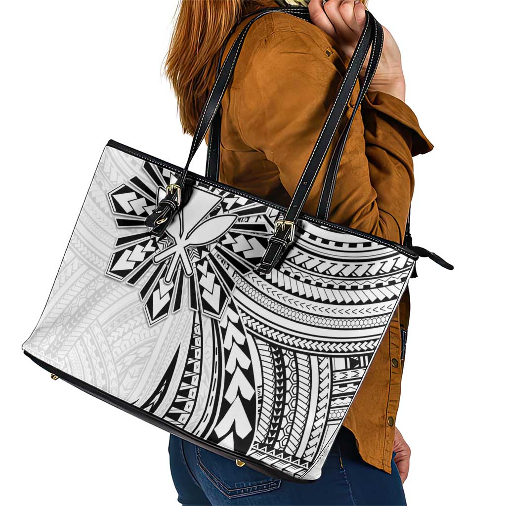 Hawaii And Philippines Leather Tote Bag Kanaka Maoli With Tribal Sun Together White LT05 - Polynesian Pride