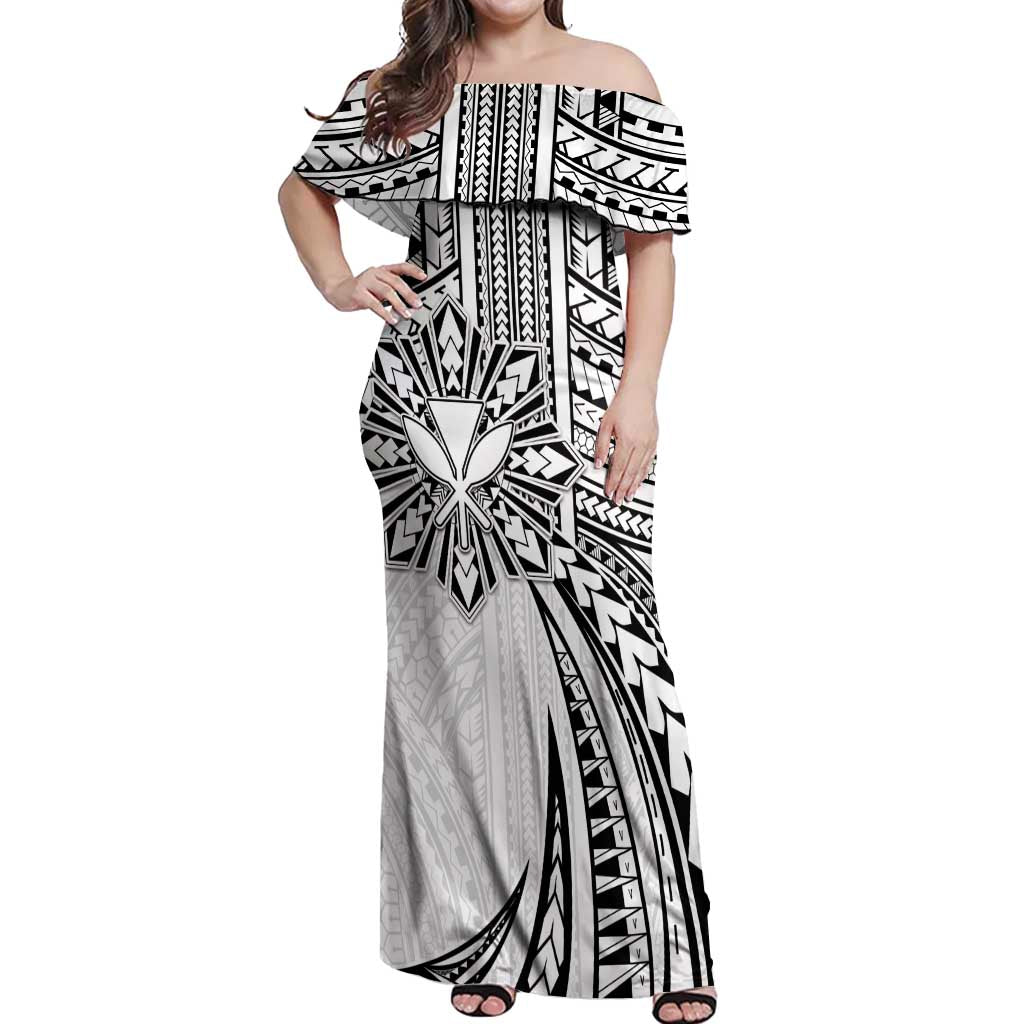 Hawaii And Philippines Off Shoulder Maxi Dress Kanaka Maoli With Tribal Sun Together White