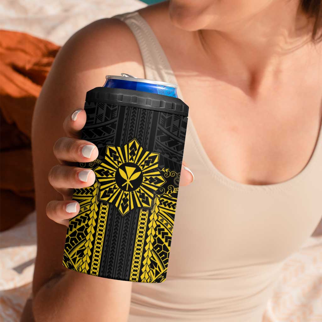 Hawaii And Philippines Together 4 in 1 Can Cooler Tumbler Polynesian Pattern With Filipino Barong Gold LT05 - Polynesian Pride