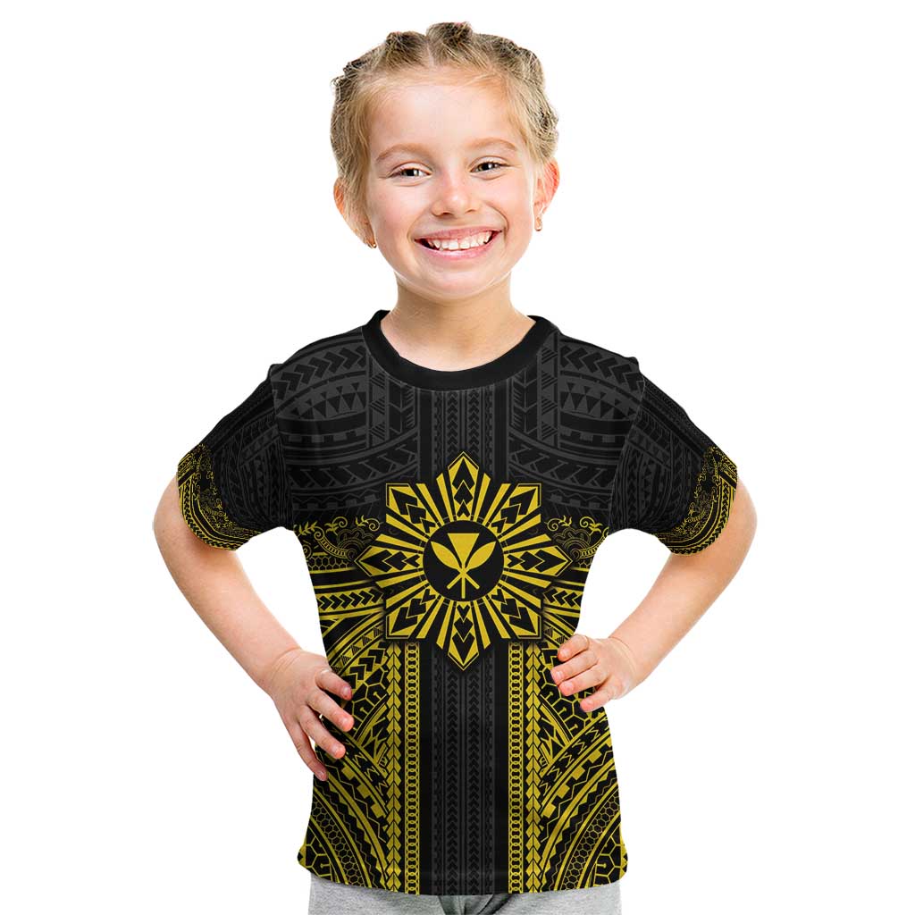 Hawaii And Philippines Together Kid T Shirt Polynesian Pattern With Filipino Barong Gold LT05 Gold - Polynesian Pride