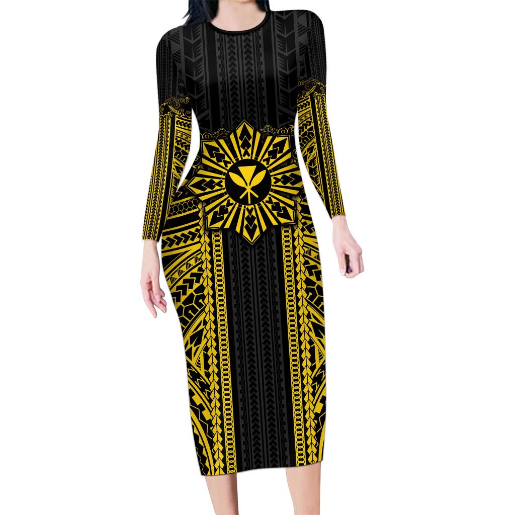 Hawaii And Philippines Together Long Sleeve Bodycon Dress Polynesian Pattern With Filipino Barong Gold LT05 Long Dress Gold - Polynesian Pride