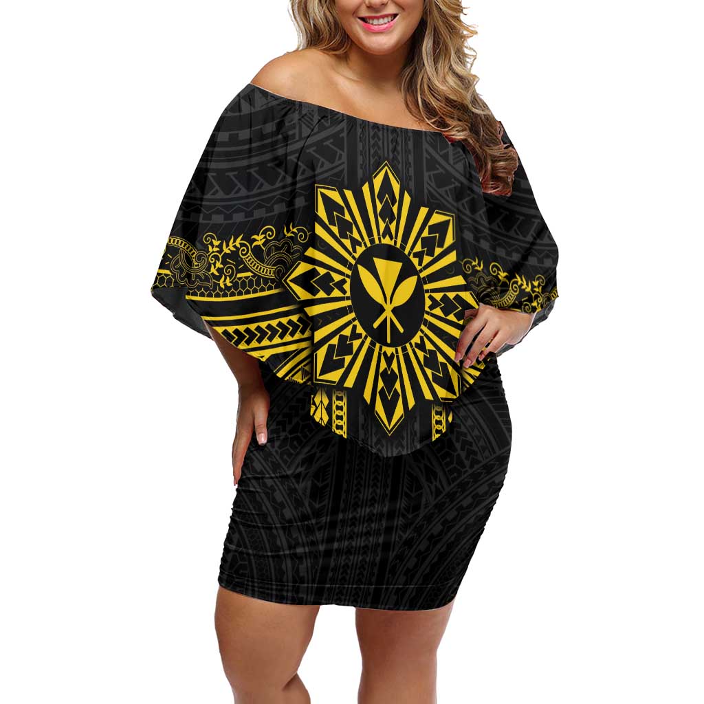 Hawaii And Philippines Together Off Shoulder Short Dress Polynesian Pattern With Filipino Barong Gold LT05 Women Gold - Polynesian Pride