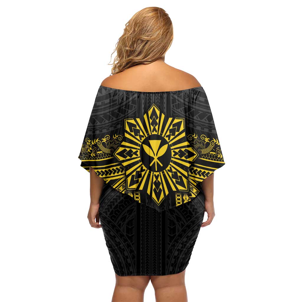 Hawaii And Philippines Together Off Shoulder Short Dress Polynesian Pattern With Filipino Barong Gold LT05 - Polynesian Pride