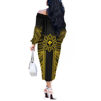 Hawaii And Philippines Together Off The Shoulder Long Sleeve Dress Polynesian Pattern With Filipino Barong Gold LT05 - Polynesian Pride
