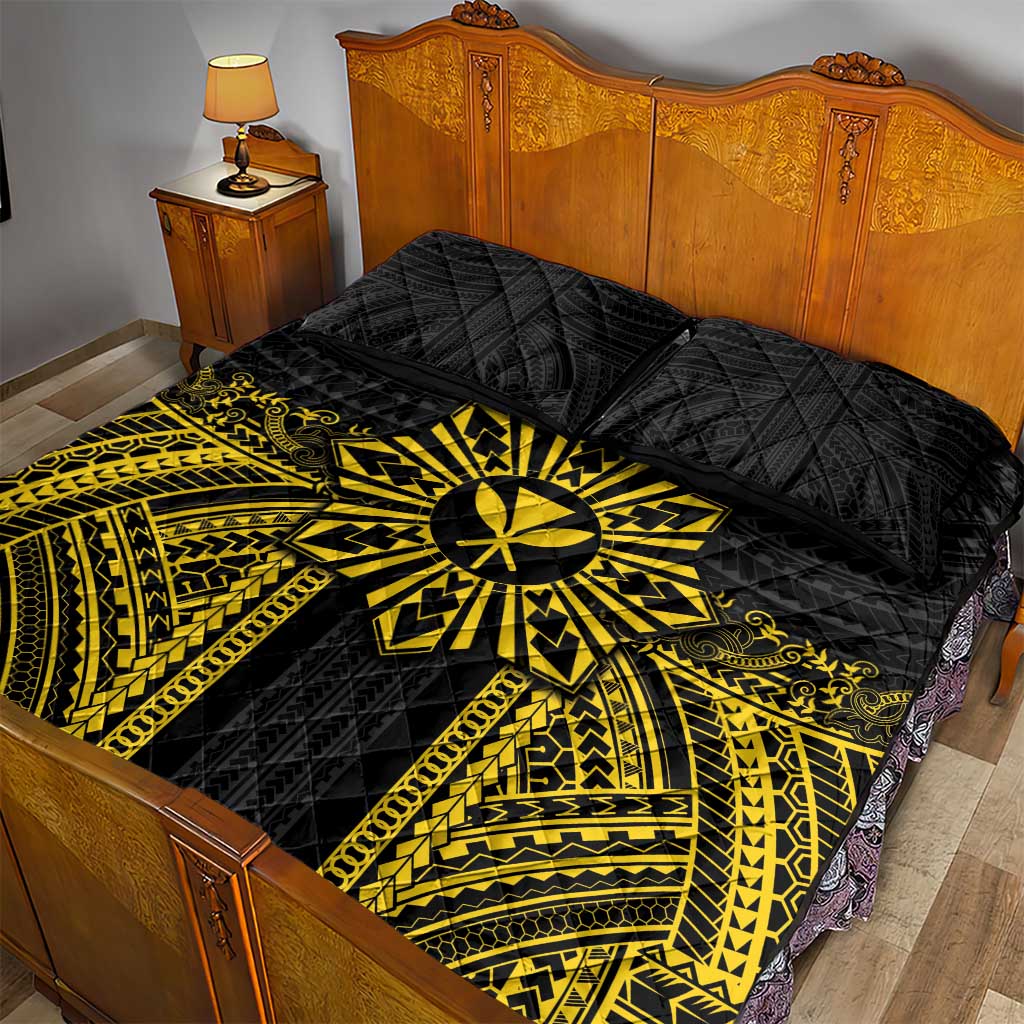 Hawaii And Philippines Together Quilt Bed Set Polynesian Pattern With Filipino Barong Gold LT05 - Polynesian Pride