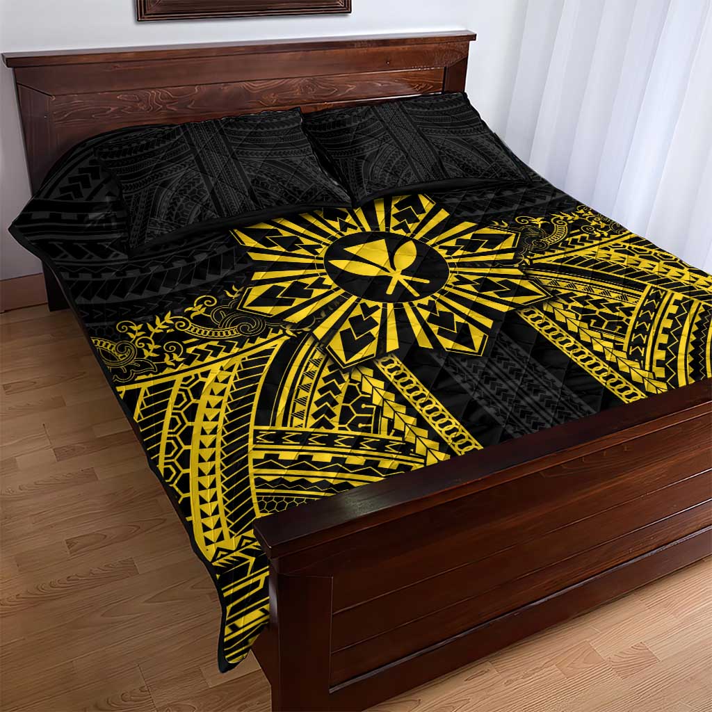 Hawaii And Philippines Together Quilt Bed Set Polynesian Pattern With Filipino Barong Gold LT05 - Polynesian Pride
