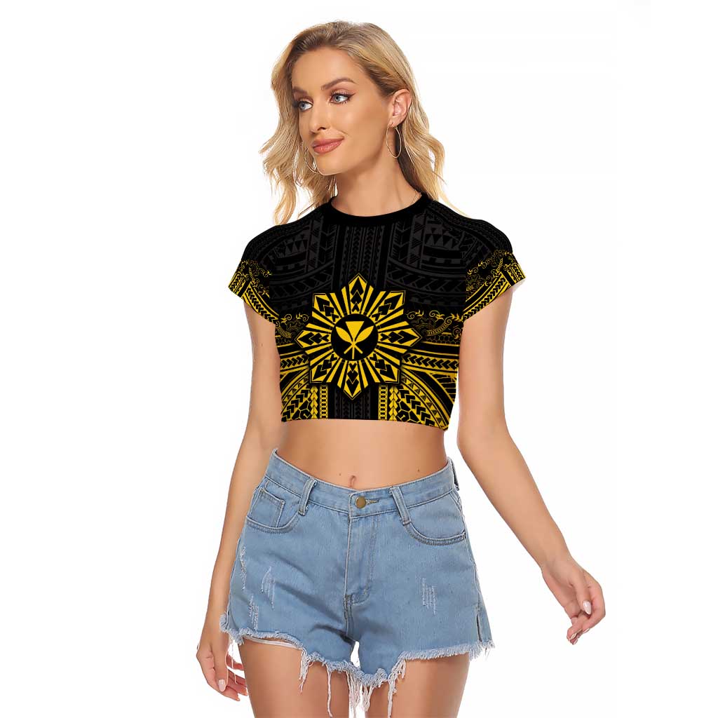 Hawaii And Philippines Together Raglan Cropped T Shirt Polynesian Pattern With Filipino Barong Gold LT05 Female Gold - Polynesian Pride