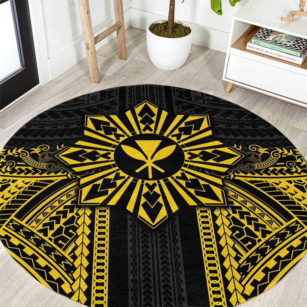 Hawaii And Philippines Together Round Carpet Polynesian Pattern With Filipino Barong Gold LT05 Gold - Polynesian Pride