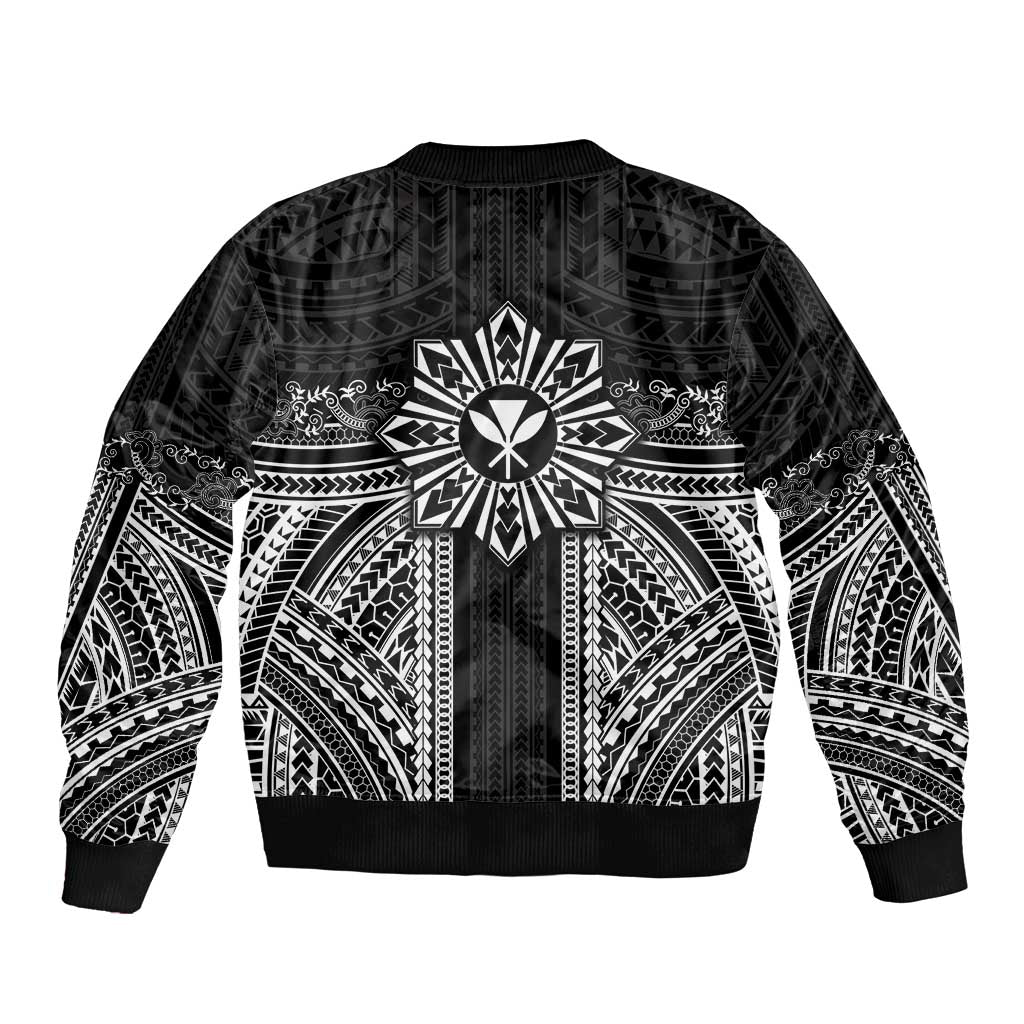 Hawaii And Philippines Together Bomber Jacket Polynesian Pattern With Filipino Barong Black LT05 - Polynesian Pride