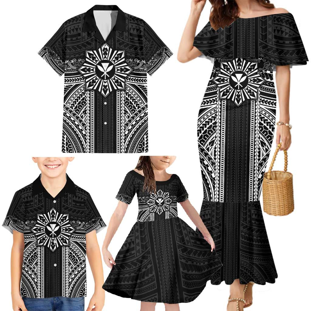 Hawaii And Philippines Together Family Matching Mermaid Dress and Hawaiian Shirt Polynesian Pattern With Filipino Barong Black