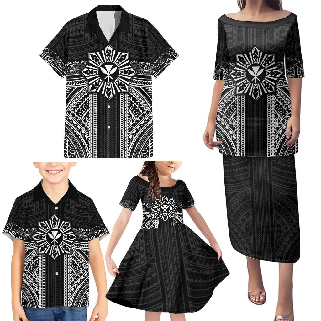 Hawaii And Philippines Together Family Matching Puletasi and Hawaiian Shirt Polynesian Pattern With Filipino Barong Black