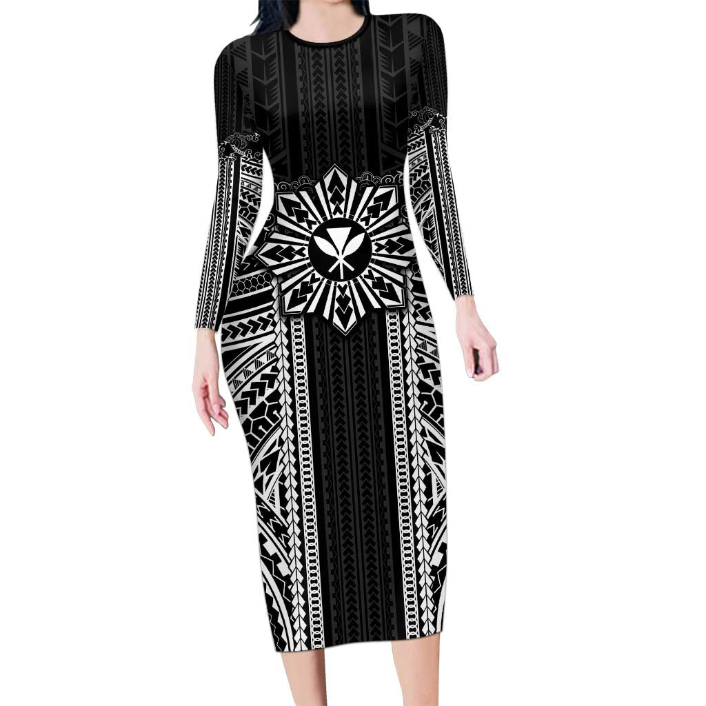 Hawaii And Philippines Together Long Sleeve Bodycon Dress Polynesian Pattern With Filipino Barong Black LT05 Long Dress Black - Polynesian Pride