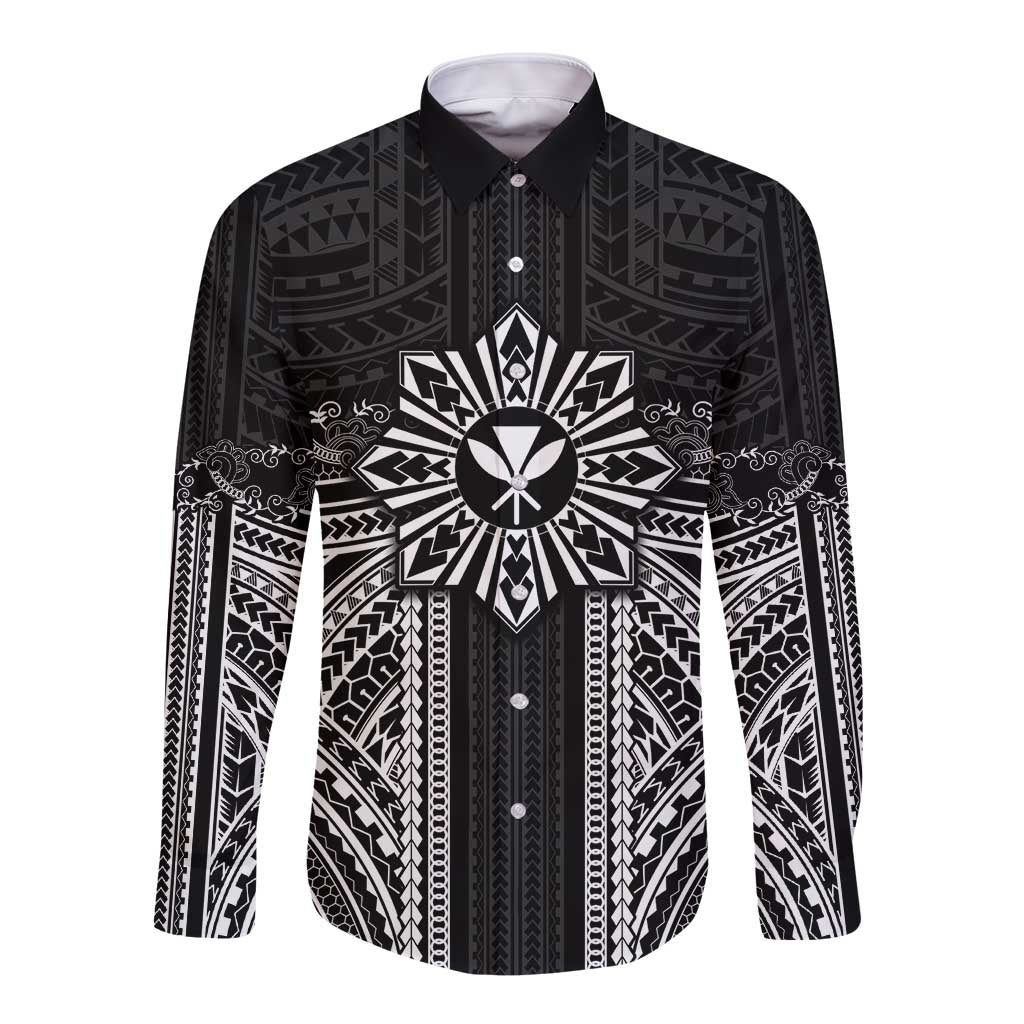 Hawaii And Philippines Together Long Sleeve Button Shirt Polynesian Pattern With Filipino Barong Black LT05 Unisex Black - Polynesian Pride