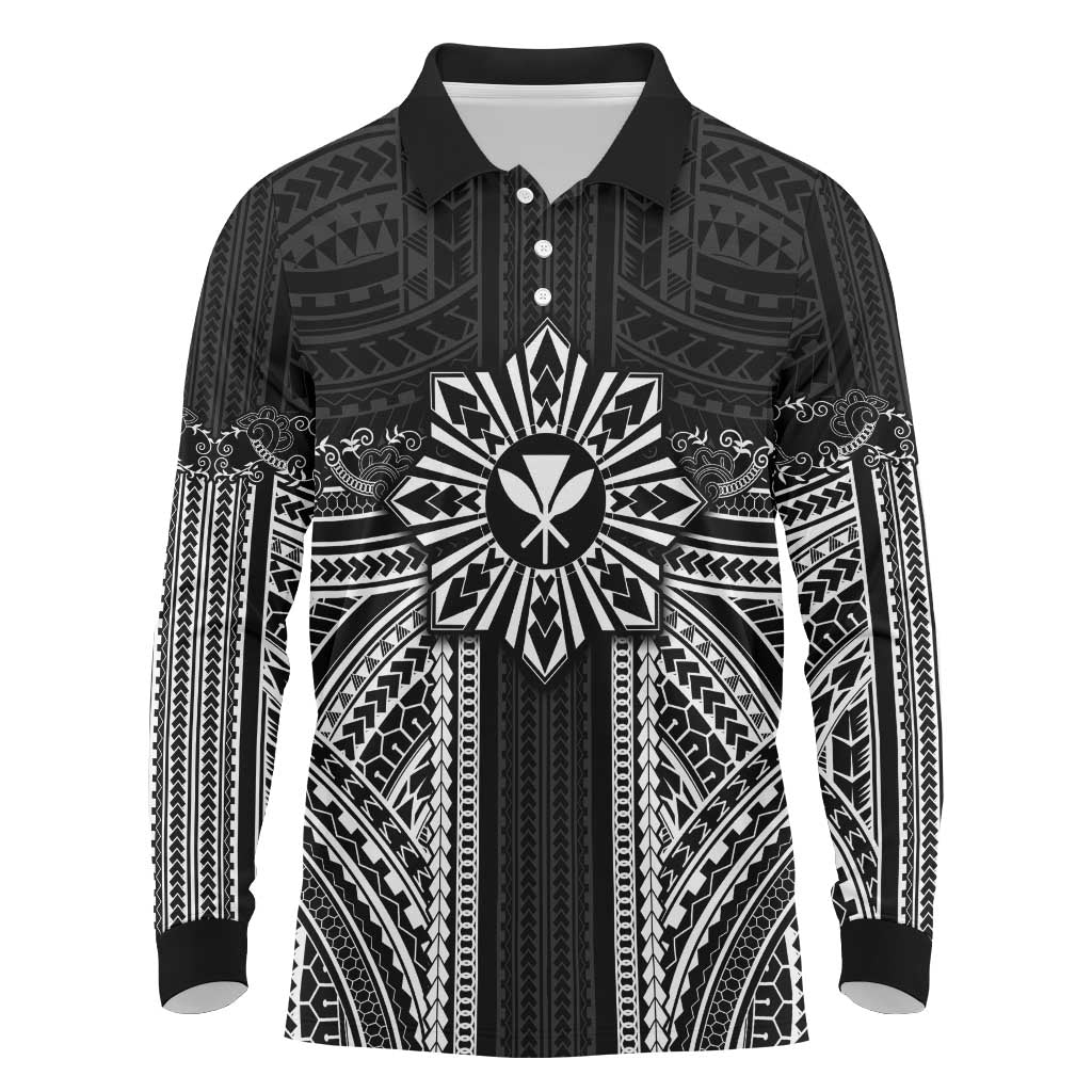 Hawaii And Philippines Together Long Sleeve Polo Shirt Polynesian Pattern With Filipino Barong Black LT05 Black - Polynesian Pride