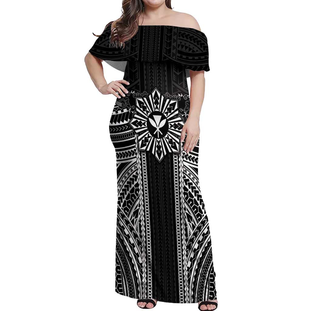 Hawaii And Philippines Together Off Shoulder Maxi Dress Polynesian Pattern With Filipino Barong Black LT05 Women Black - Polynesian Pride