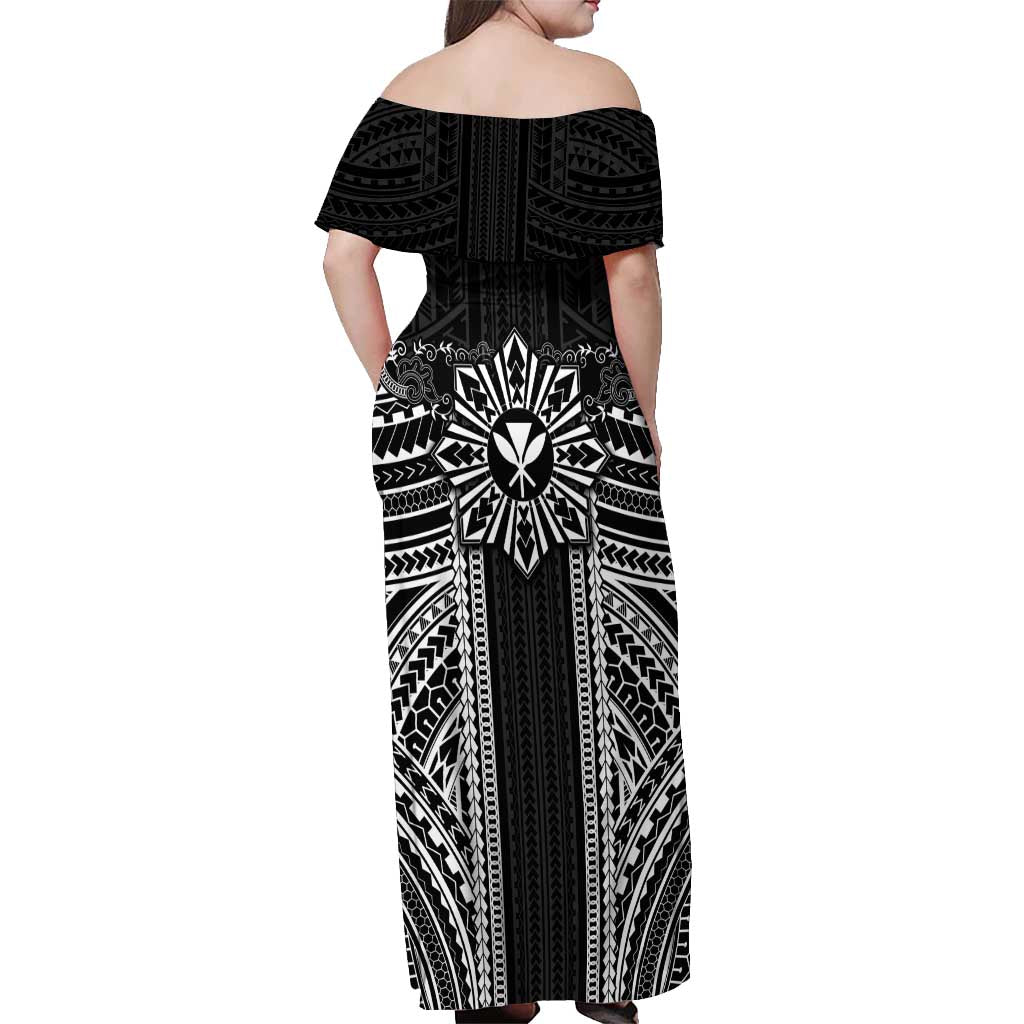 Hawaii And Philippines Together Off Shoulder Maxi Dress Polynesian Pattern With Filipino Barong Black LT05 - Polynesian Pride