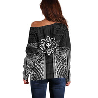 Hawaii And Philippines Together Off Shoulder Sweater Polynesian Pattern With Filipino Barong Black LT05 - Polynesian Pride