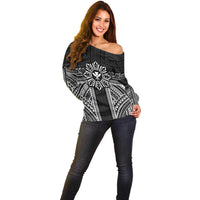 Hawaii And Philippines Together Off Shoulder Sweater Polynesian Pattern With Filipino Barong Black LT05 - Polynesian Pride