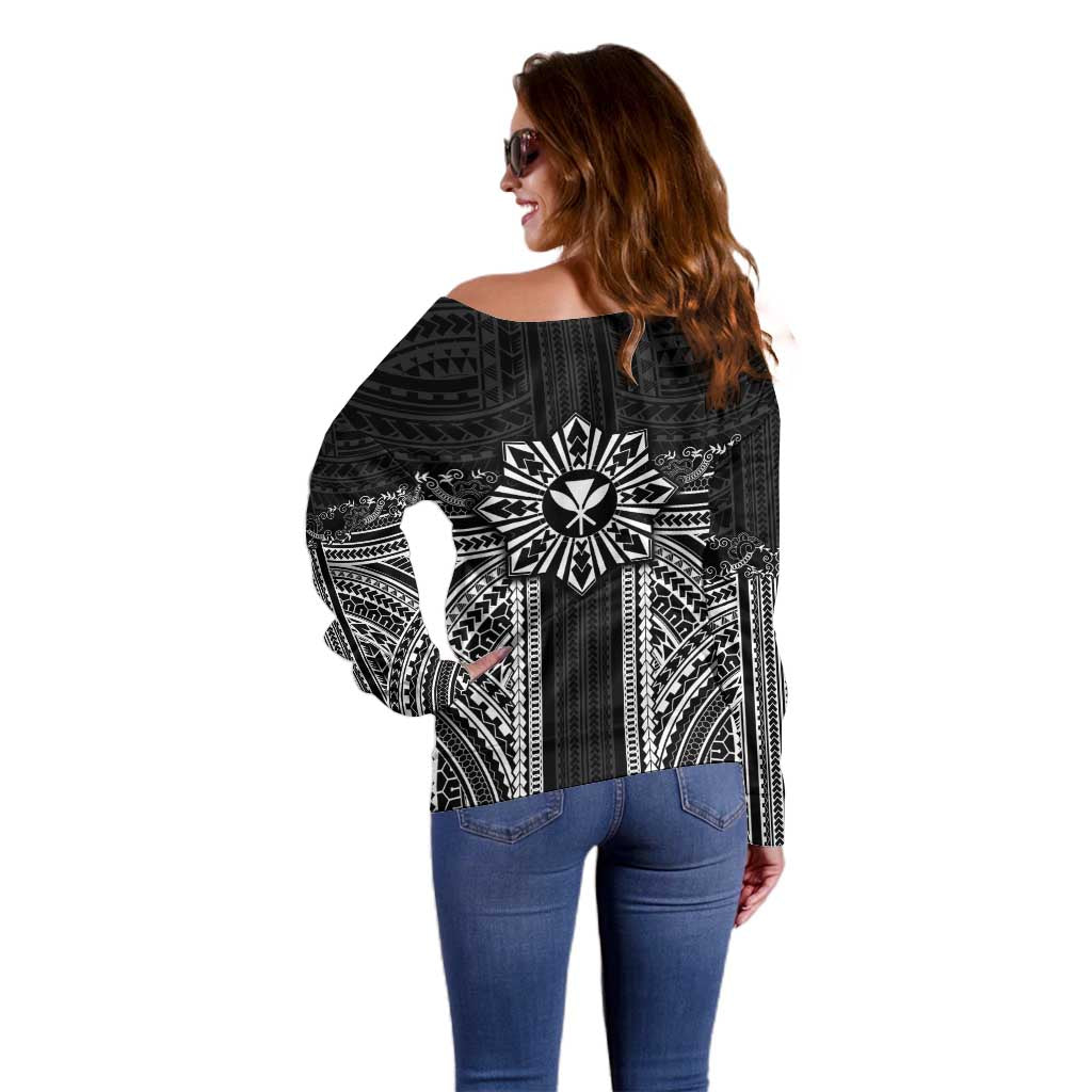 Hawaii And Philippines Together Off Shoulder Sweater Polynesian Pattern With Filipino Barong Black LT05 - Polynesian Pride