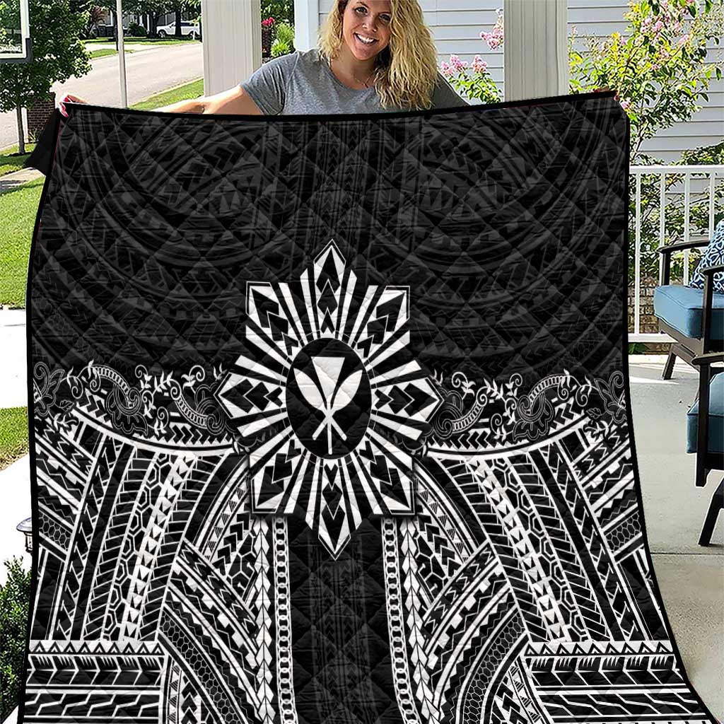 Hawaii And Philippines Together Quilt Polynesian Pattern With Filipino Barong Black LT05 Black - Polynesian Pride