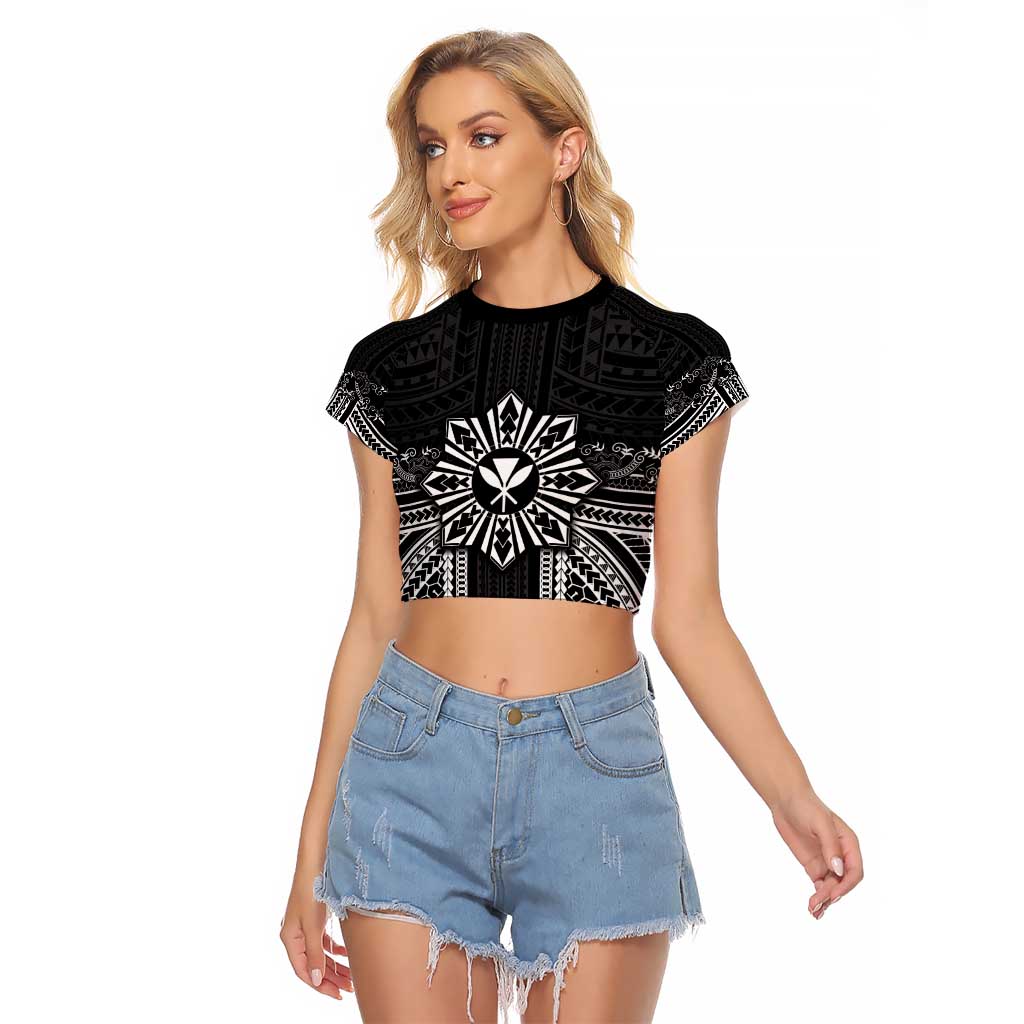 Hawaii And Philippines Together Raglan Cropped T Shirt Polynesian Pattern With Filipino Barong Black LT05 Female Black - Polynesian Pride