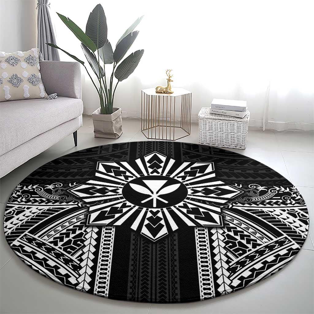 Hawaii And Philippines Together Round Carpet Polynesian Pattern With Filipino Barong Black LT05 - Polynesian Pride