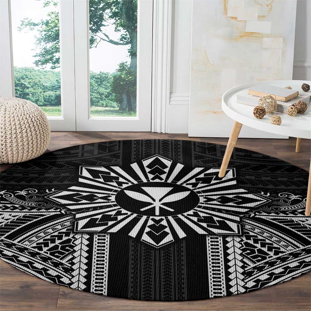 Hawaii And Philippines Together Round Carpet Polynesian Pattern With Filipino Barong Black LT05 - Polynesian Pride