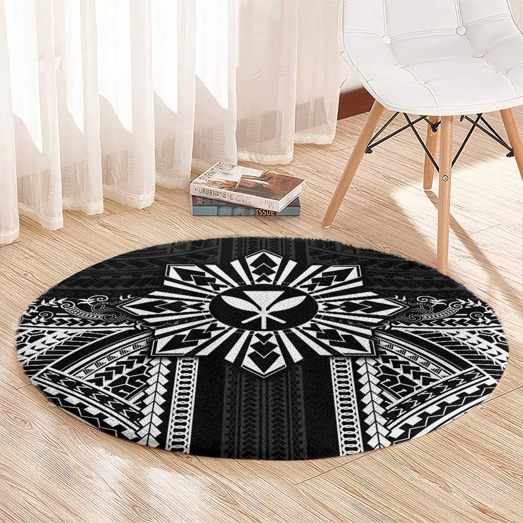 Hawaii And Philippines Together Round Carpet Polynesian Pattern With Filipino Barong Black LT05 - Polynesian Pride