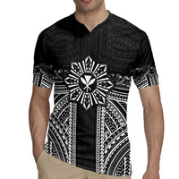 Hawaii And Philippines Together Rugby Jersey Polynesian Pattern With Filipino Barong Black LT05 - Polynesian Pride