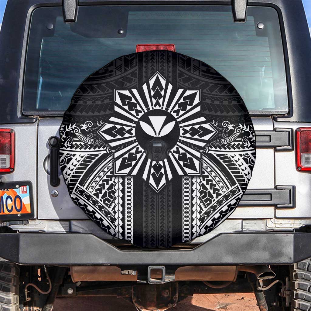 Hawaii And Philippines Together Spare Tire Cover Polynesian Pattern With Filipino Barong Black LT05 Black - Polynesian Pride