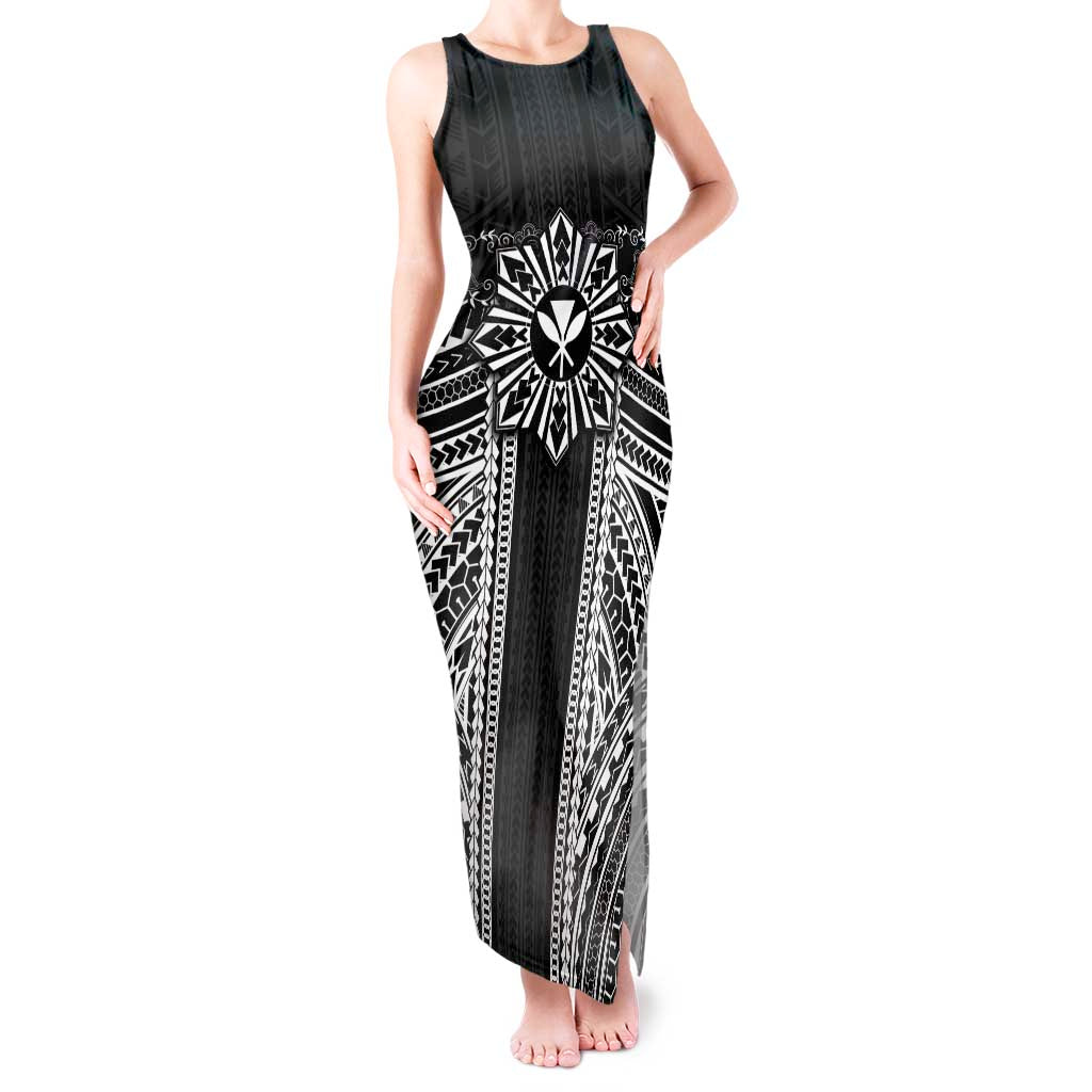 Hawaii And Philippines Together Tank Maxi Dress Polynesian Pattern With Filipino Barong Black