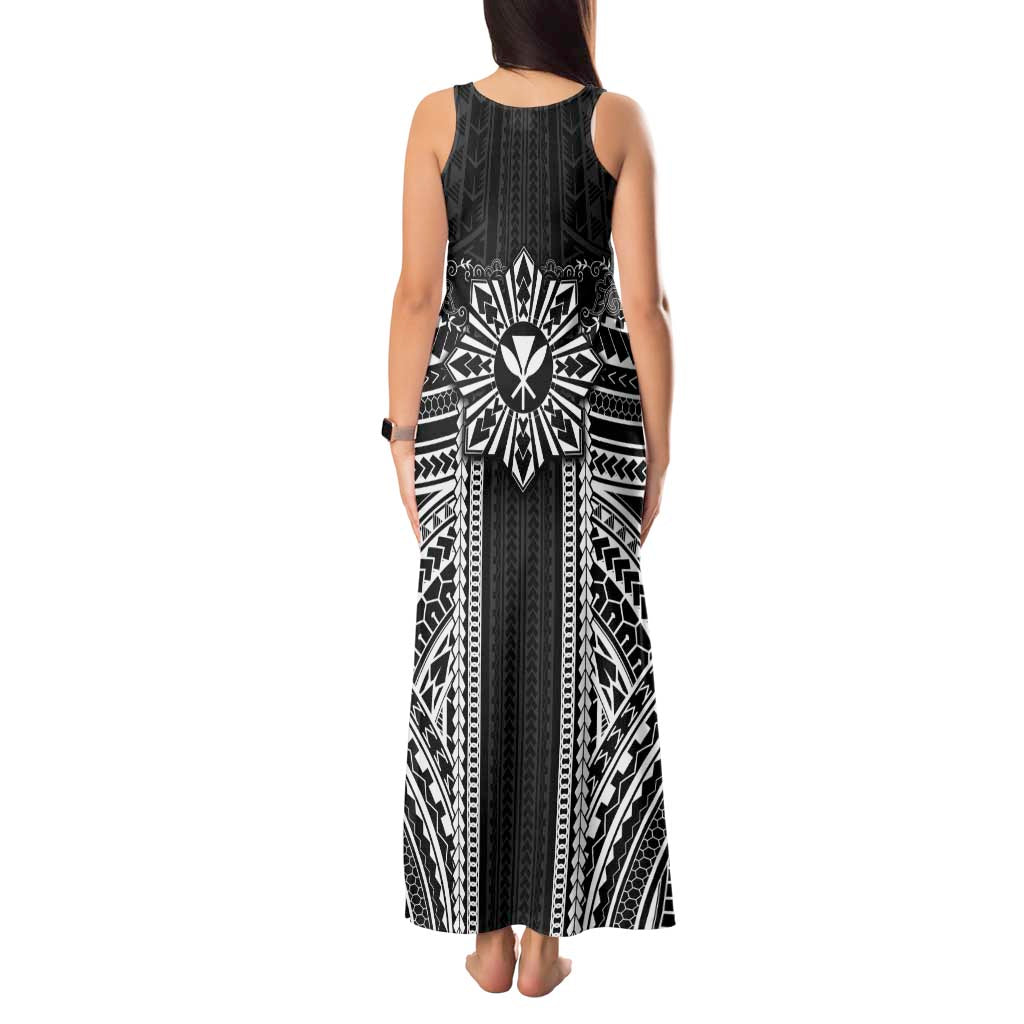 Hawaii And Philippines Together Tank Maxi Dress Polynesian Pattern With Filipino Barong Black LT05 - Polynesian Pride